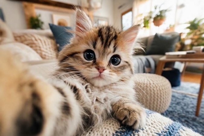Fluffy kitten looking curiously into a phone camera for a cute cat selfie meme.