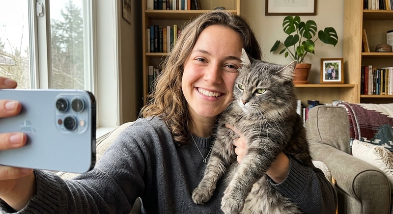 Person taking a casual selfie with an unimpressed cat.