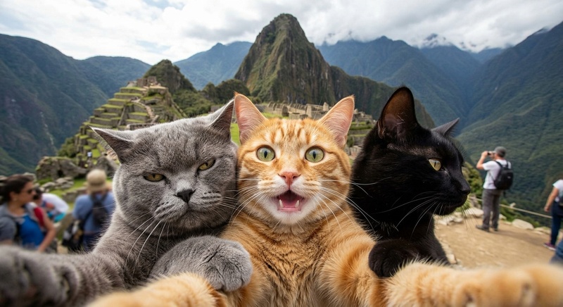 Three cats posing together for a funny group selfie against a scenic background.