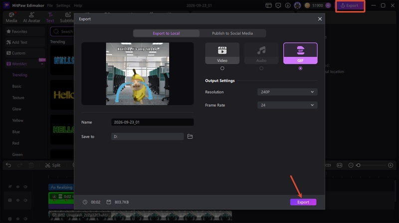 Edimakor export screen for saving a crying cat creation as a GIF or video