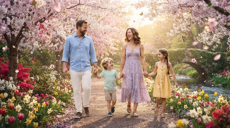 blooming spring garden family portrait