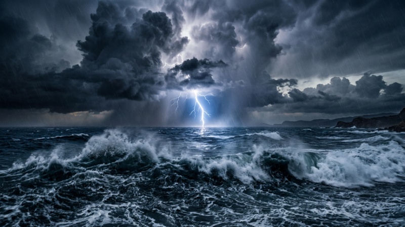 cinematic ocean thunderstorm with lightning