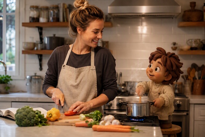 Cuisiner avec un personnage de dessin animé