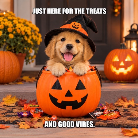 cute puppy sitting inside a pumpkin bucket