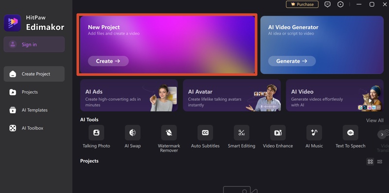 Edimakor New Project screen