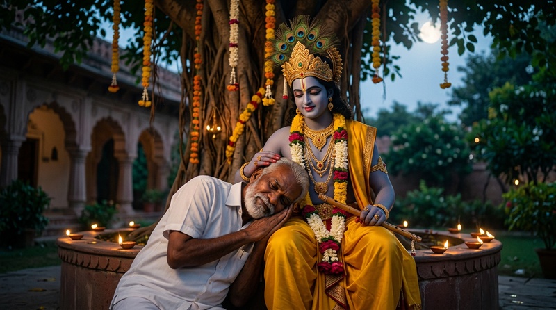 head resting on Krishna's lap