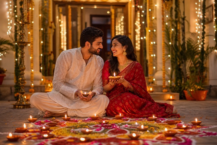 indian couple celebrating diwali