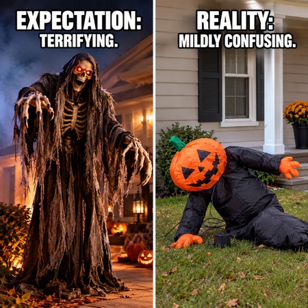 inflatable halloween decoration falling over beside a fancy animatronic