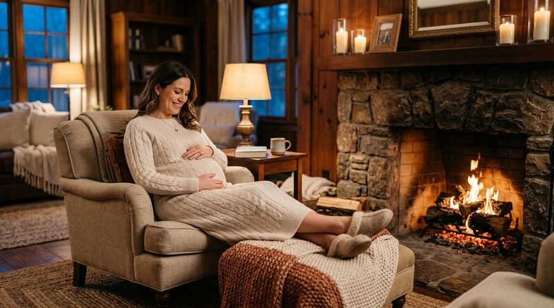 maternity sitting by a fireplace