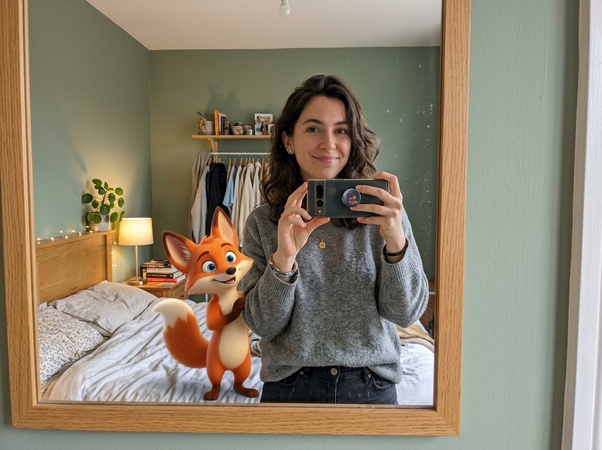 Selfie dans le miroir avec un personnage de dessin animé