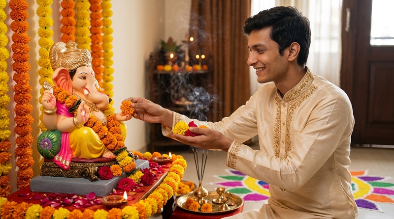 offering flowers to ganesha