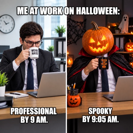 office worker transforming into a halloween character