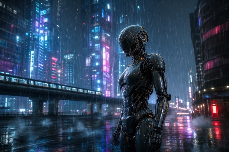 robot in neon city rain