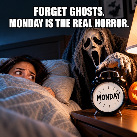 scary monster beside a monday morning alarm clock