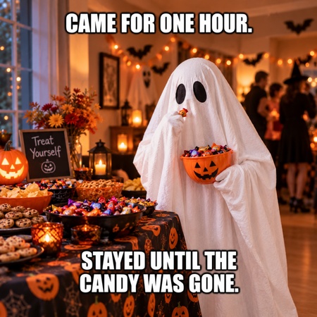 sheet ghost hiding near a halloween party buffet