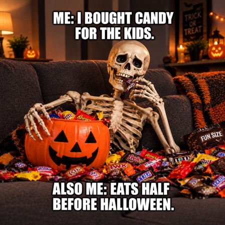 skeleton hoarding halloween candy and wrappers