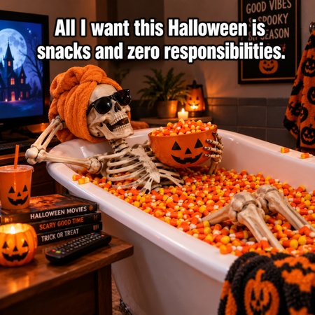 skeleton relaxing in a bathtub full of candy corn