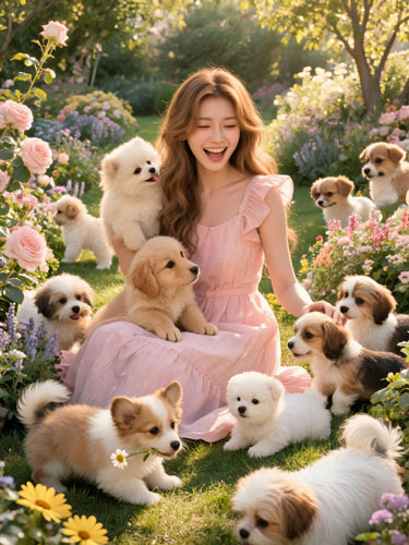 a joyful young woman surrounded by a large group of adorable fluffy puppies