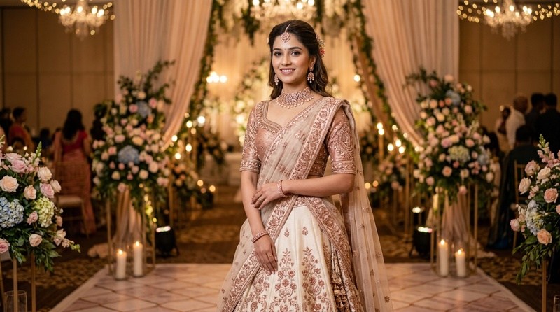 cream and rose gold half saree