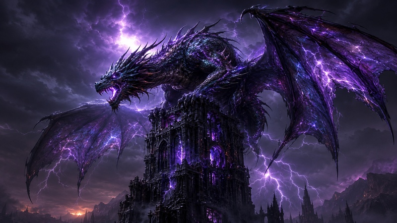 dragon on obsidian tower in storm