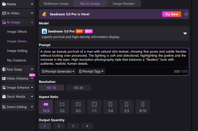 enter a seedrean prompt in hitpaw edimakor
