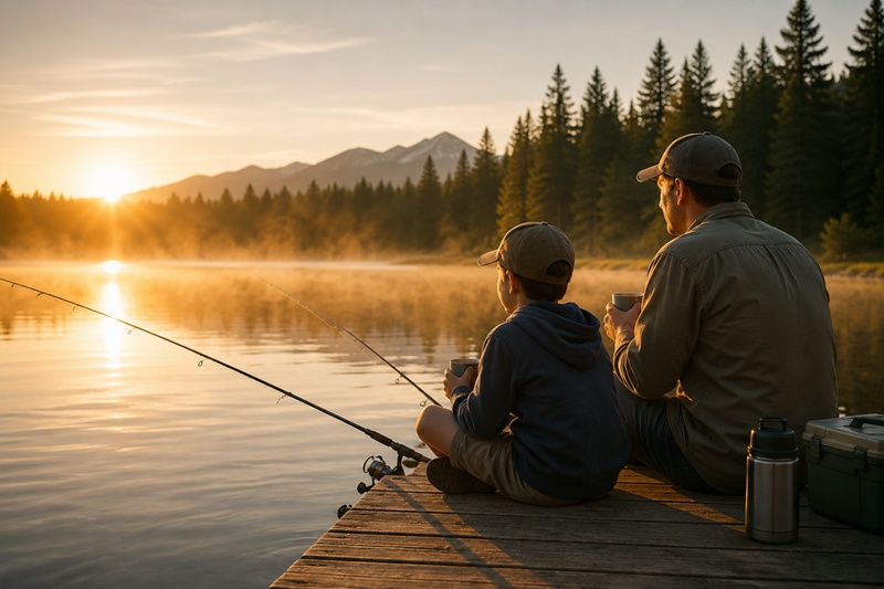 Father Son Fishing Mountain Lake Sunrise