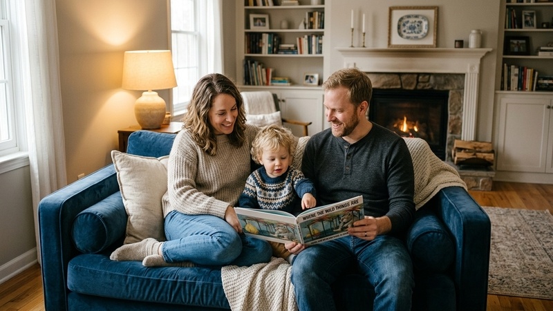 Gemini Ai Photo Prompt for Family 02 Cozy Sofa Reading Book Warm Light