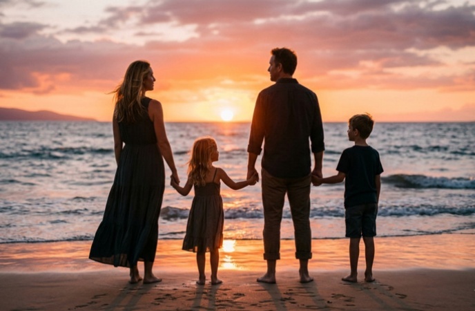 gemini ai photo prompt for family 06 beach sunset silhouette holding hands