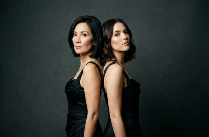 Gemini Ai Photo Prompt for Mother and Daughter Black Gowns Studio Rembrandt Light