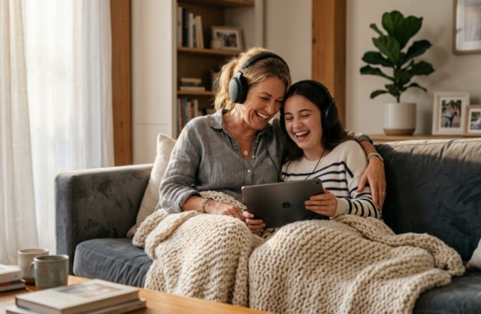 Gemini Ai Photo Prompt for Mother and Daughter Cozy Sofa Blanket Laughing