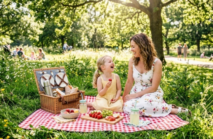 Gemini Ai Photo Prompt for Mother and Daughter Park Picnic Sunlight Green Nature