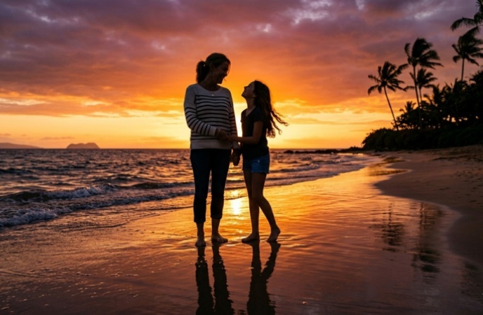 Gemini Ai Photo Prompt for Mother and Daughter Sunset Beach Silhouette Golden Hour