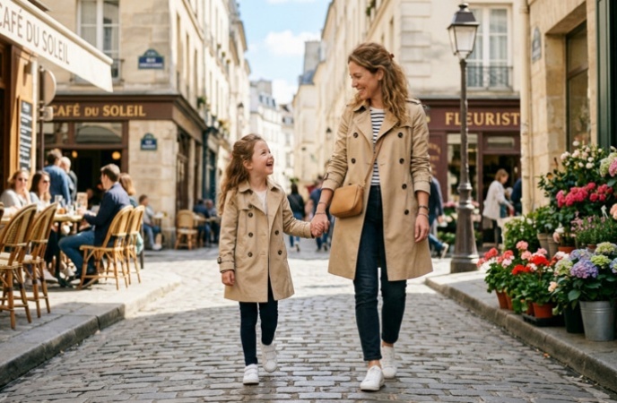 Gemini Ai Photo Prompt for Mother and Daughter Walking Beige Trench Cobblestone
