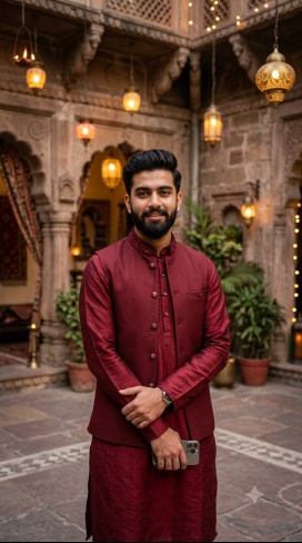Gemini Diwali Boy Prompt 01 Maroon Kurta Nehru Jacket Courtyard