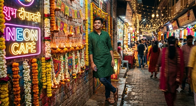 Gemini Diwali Boy Prompt 03 Street Wall Neon Diyas Urban