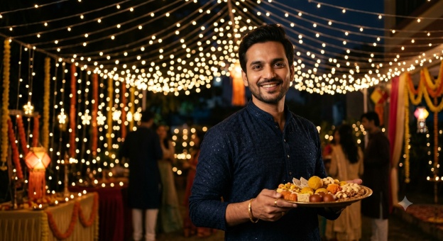 Gemini Diwali Boy Prompt 04 Sherwani Mithai Fairy Lights Portrait