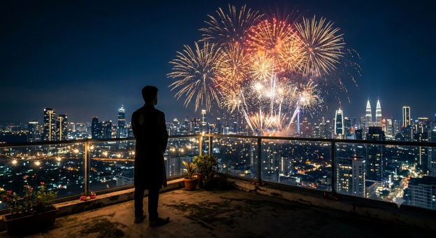 Gemini Diwali Boy Prompt 06 Rooftop Fireworks Sherwani Silhouette