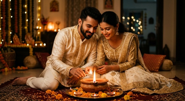 Gemini Diwali Couple Prompt 01 Diya Lighting Romantic Floor