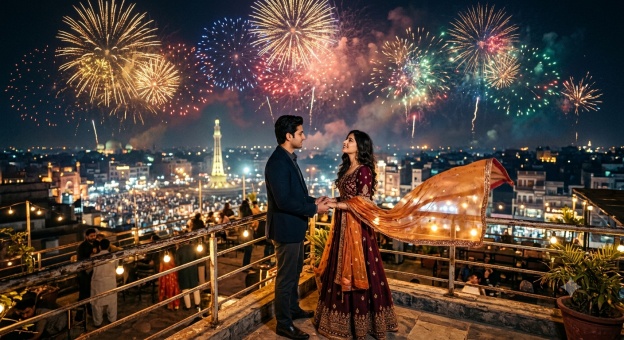 Gemini Diwali Couple Prompt 02 Rooftop Fireworks Holding Hands