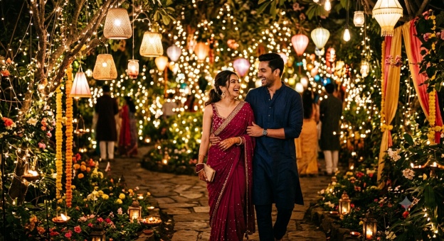 Gemini Diwali Couple Prompt 03 Garden Fairy Lights Walk