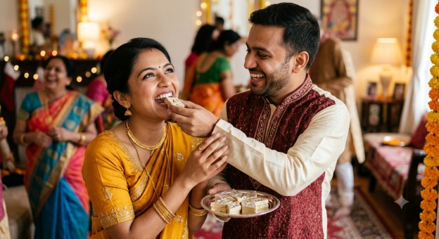 Gemini Diwali Couple Prompt 04 Barfi Sharing Candid Smile
