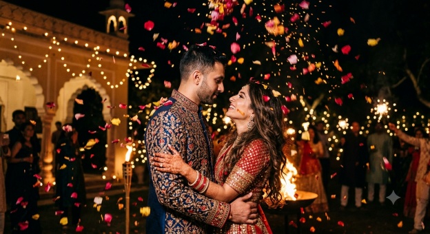 Gemini Diwali Couple Prompt 06 Bollywood Petal Rain Scene