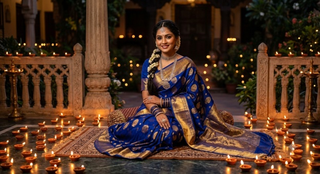 Gemini Diwali Girl Prompt 01 Royal Blue Saree Diyas