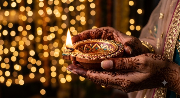 Gemini Diwali Girl Prompt 02 Diya Hands Mehndi Closeup