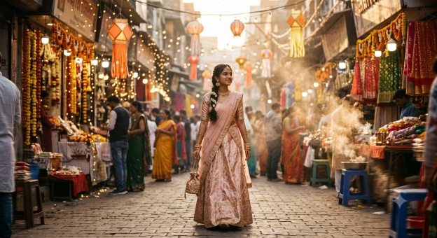 Gemini Diwali Girl Prompt 03 Golden Hour Street Lehenga