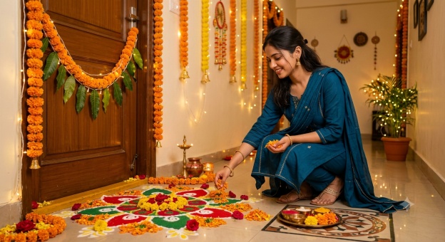 Gemini Diwali Girl Prompt 04 Home Rangoli Decoration