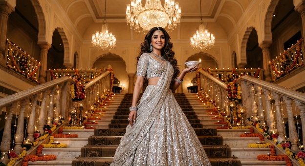 Gemini Diwali Girl Prompt 05 Bollywood Lehenga Stairs