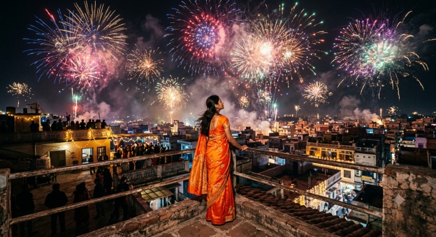 Gemini Diwali Girl Prompt 07 Rooftop Fireworks Saree