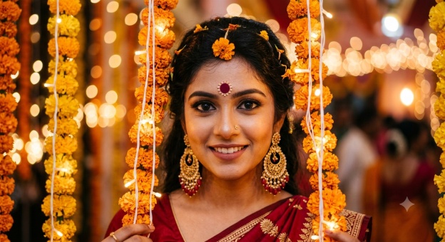 Gemini Diwali Girl Prompt 08 Marigold Bokeh Beauty Shot