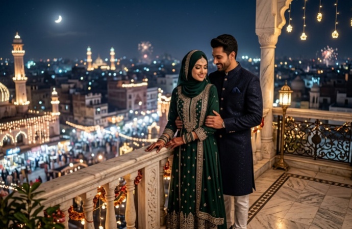 Gemini Eid Couple Prompt 06 Romantic Balcony Moonlight